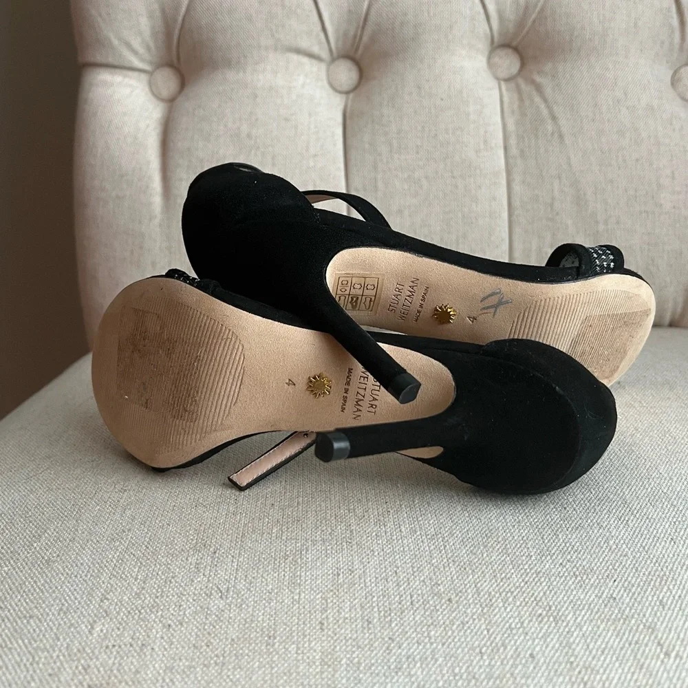 Stuart Weitzman Black Suede Ankle Strap Heels Size 4 Rhinestone Mesh Detail Rare